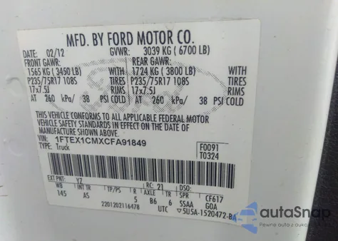 2012 Ford F-150 Xl z USA, uszkodzony, nr VIN 1FTEX1CMXCFA91849